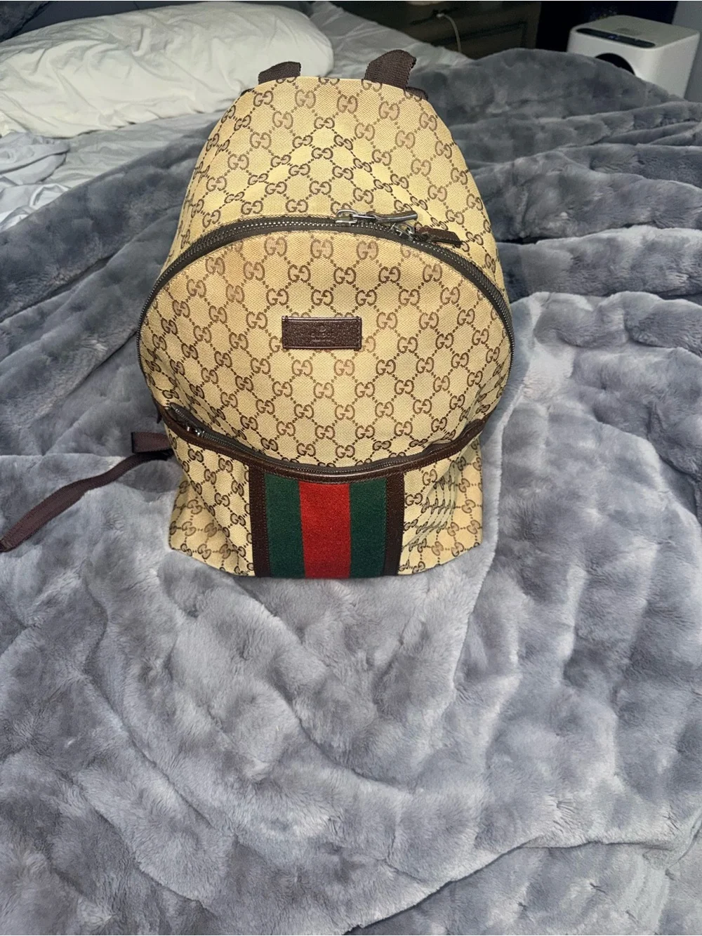 Gucci Beige GG Canvas Backpack with Green and Red Web Stripe